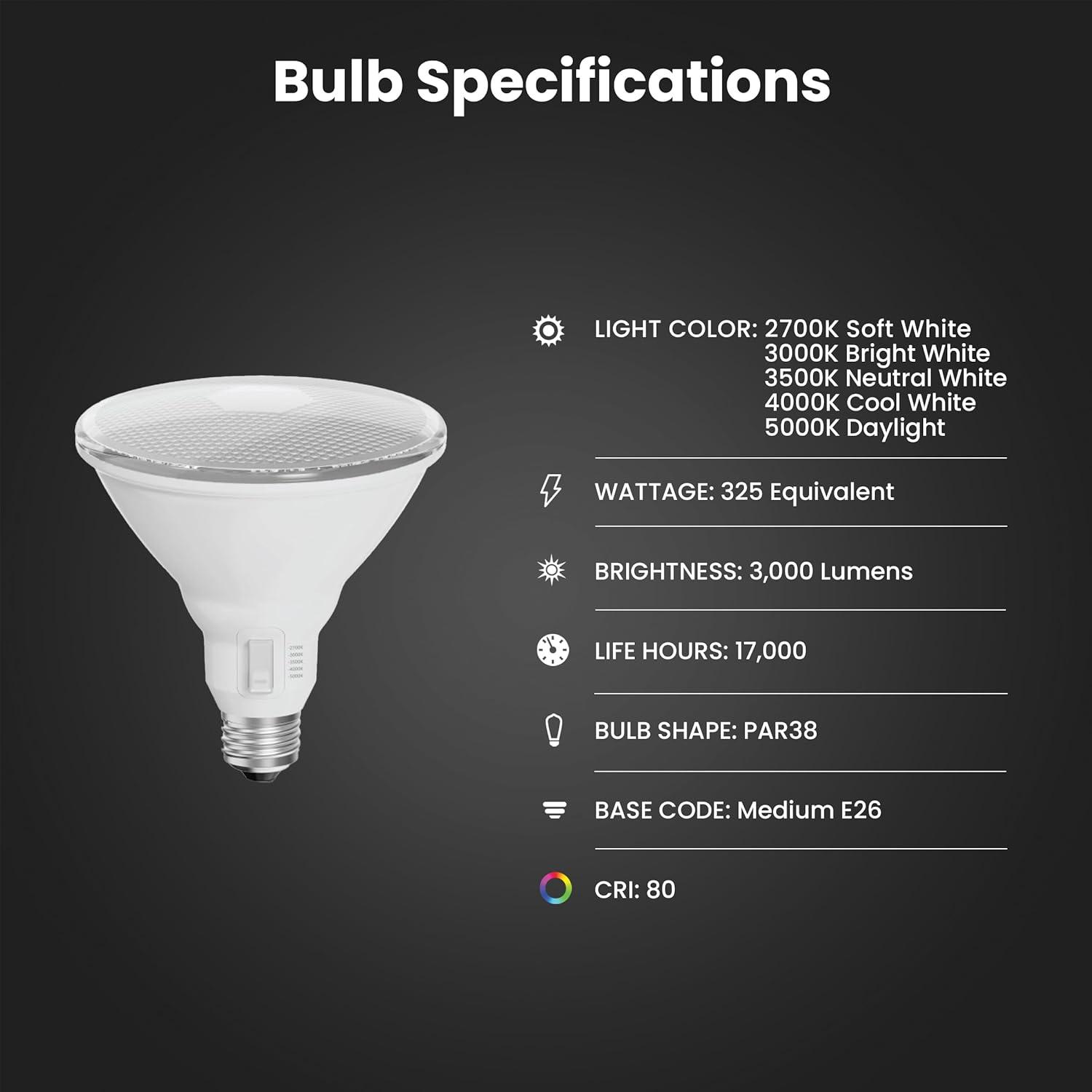 image:imageFeit Electric PAR38 LED Reflector Light Bulb 325W Equivalent 5 Color Temperatures Soft to Daylight Dimmable 3000 Lumens OutdoorIndoor Bulb for Security amp Accent Lighting PAR38325DM5CCT