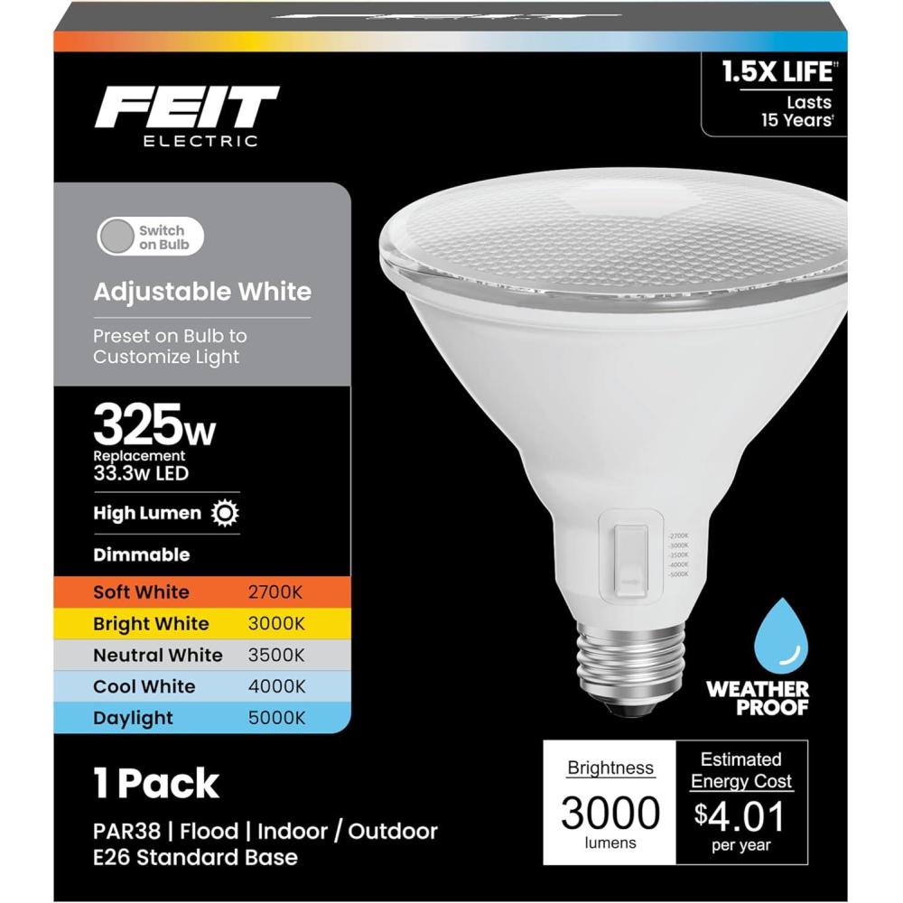 image:imageFeit Electric PAR38 LED Reflector Light Bulb 325W Equivalent 5 Color Temperatures Soft to Daylight Dimmable 3000 Lumens OutdoorIndoor Bulb for Security amp Accent Lighting PAR38325DM5CCT
