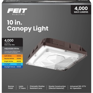 image:imageFeit Electric 10in LED Canopy Light 5CCT Selectable 4000 Lumens 44W Wet Rated DieCast Aluminum Housing 50000Hour Lifetime Bronze Outdoor Commercial Security Ceiling Fixture S10CNPY5CCTBZ3000K6500K White
